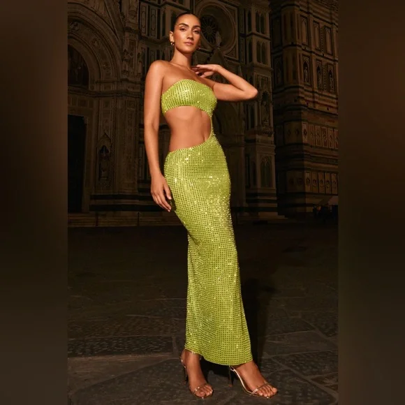 ALAMEA
Embellished Cut-Out Bandeau Maxi Dress in Pear Green - Picture 2 of 7
